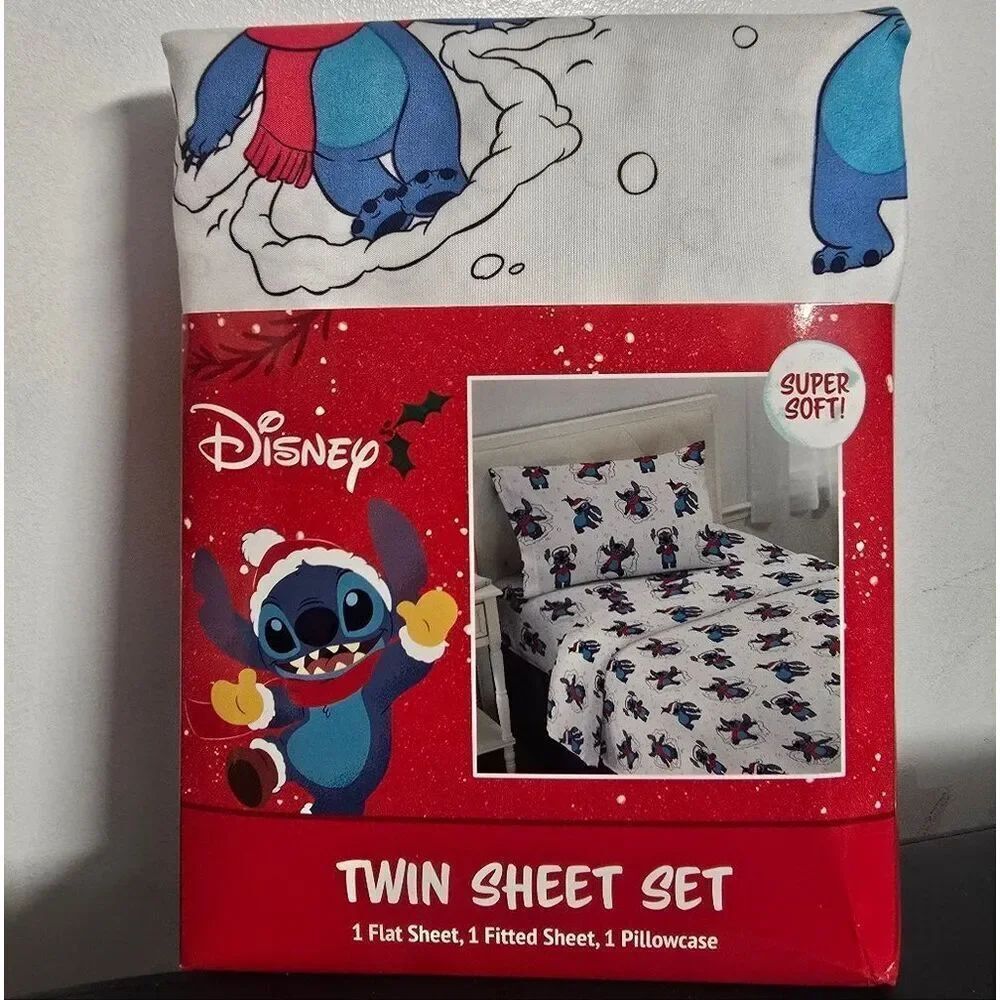 Disney Lilo & Stitch Twin Sheet Set Holiday 3 Piece Set Christmas Sheets New